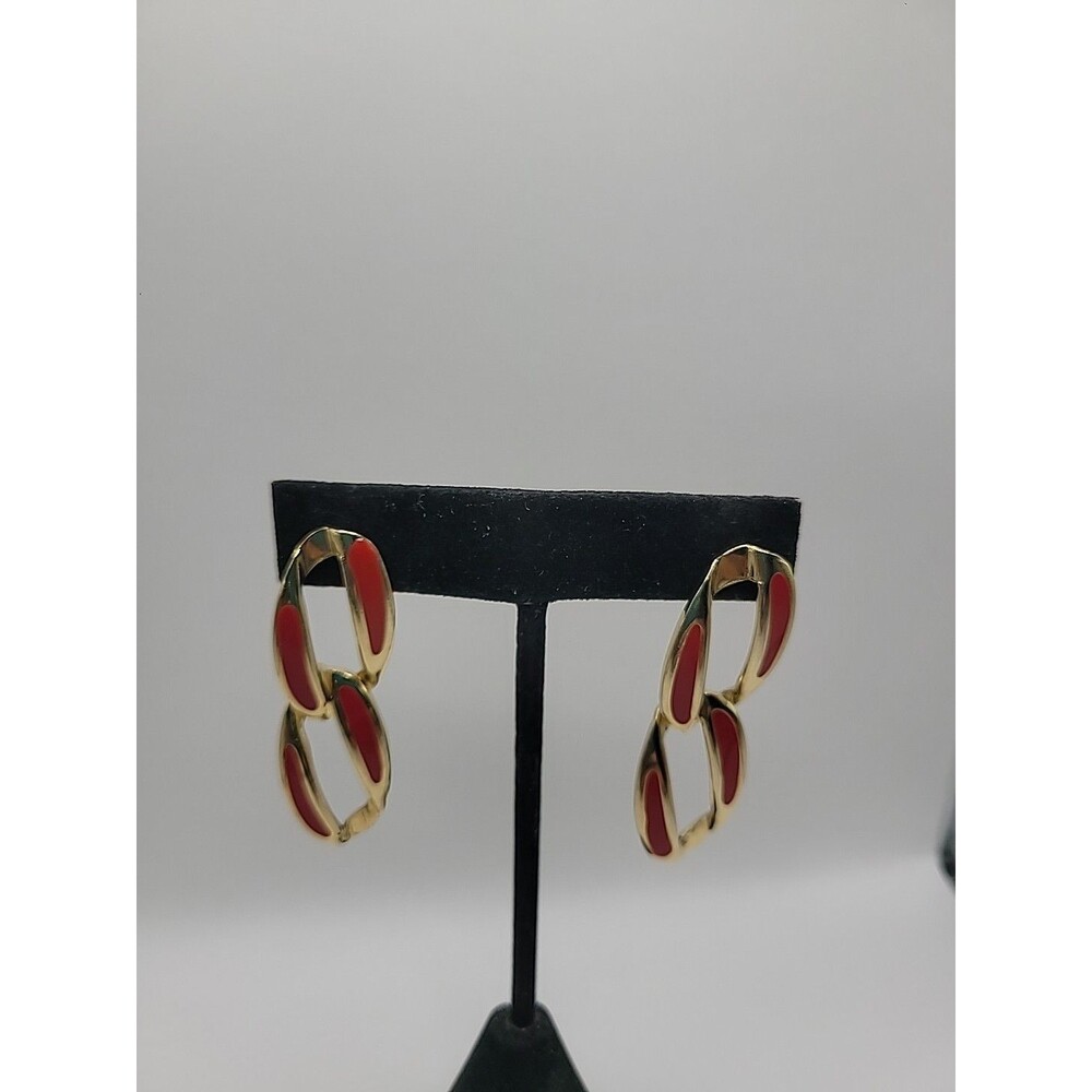 Vintage Earrings Pierced Double Hoop Gold Tone Red Jewelry‎ Costume